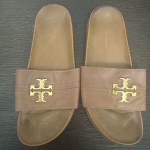 Tory Burch Tan Slides with Gold Emblem